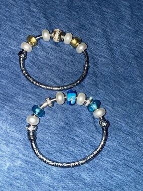 bella Perlina Blue and White Beaded Silver-Tone Charm Bracelets – Set of 2